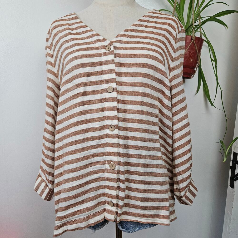 Rachel Zoe Linen Stripe Blouse L Brown Ivory 3/4 Sleeve Button Front Lagenlook